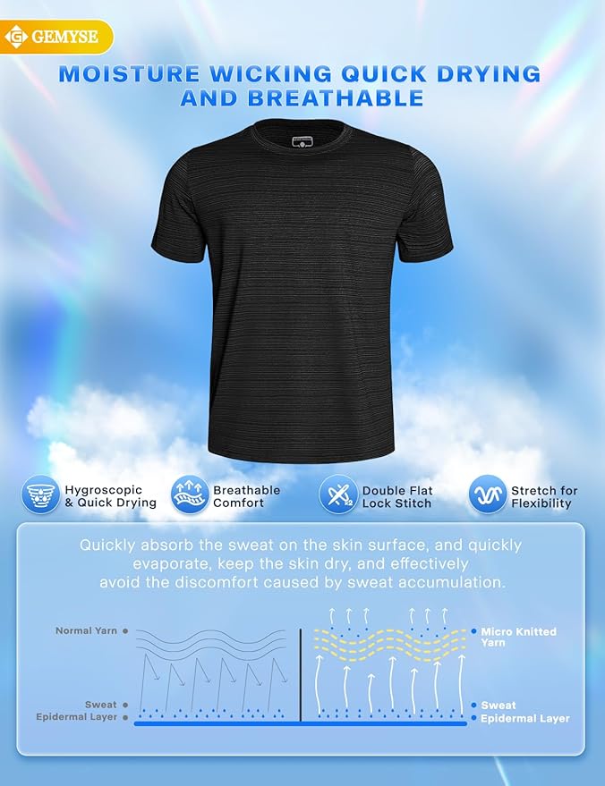 GEMYSE Men's Running Short Sleeve Shirt Sun Protection Quick Dry Moisture Wicking T-Shirts UPF 50+ for Workout