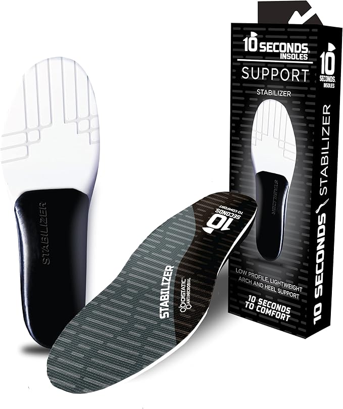 10 Seconds Stabilizer Insole, Medium Corrective Arch, Soft Support, Designed for Instability and Low-Profile Footwear, Deep Heel Cup, Anti Odor and Blister Topper (M 9.5/10.5, W12)