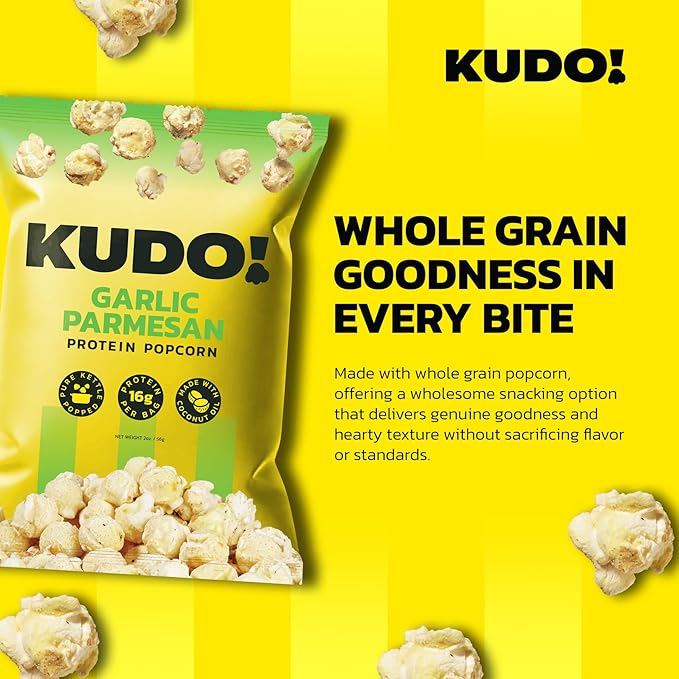 Kudo - Garlic Parmesan Kettle-Popped Protein Popcorn - Whole Grain, No Preservatives, No Artificial Flavors, Zero Trans Fat, Tasty Snack - 2oz