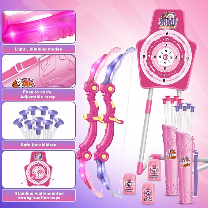 SpringFlower 2 Bow and Arrow Sets with LED Light-up,2 Foam Dart Guns for Kids 5 6 7 8 9 10+ Years Old, Archery Set with Standing Target for Boys & Girl, Ideal Gift