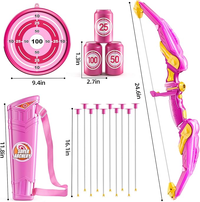 Kids Bow and Arrow Set, LED Light Up Archery Toy Set with 10 Suction Cup Arrows,Target & Arrow Quiver, Bow and Arrows Set Toys Gift for 3 4 5 6 7 8 9 10 11 12 Year Old Kids Boys Girls (Pink)
