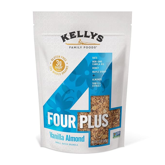 Kelly's Four Plus Granola (Variety Pack) Healthy Granola Cereal with Whole Grain Oats, Honey, Maple Syrup - Non-GMO, Low Sugar, Sodium Free and Gluten Free Granola for Yogurt - 12oz (Pack of 4)