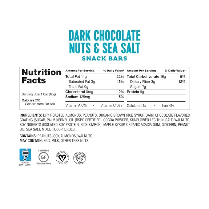 Fody Foods Snack Bars Variety Pack, 1.41 Oz (Pack of 6), Almond Coconut & Dark Chocolate Nuts & Sea Salt, Protein Bars, Low FODMAP, Gut & IBS Friendly, Vegan, Lactose Free, Non-GMO, Gluten Free