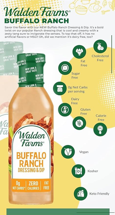 Walden Farms Buffalo Ranch Dressing & Dip – Calorie-Free, Gluten-Free, Low Carb, Keto-Friendly, Sugar-Free, Fat-Free, Dairy-Free Spicy Buffalo Ranch Flavor – 12 oz Bottle