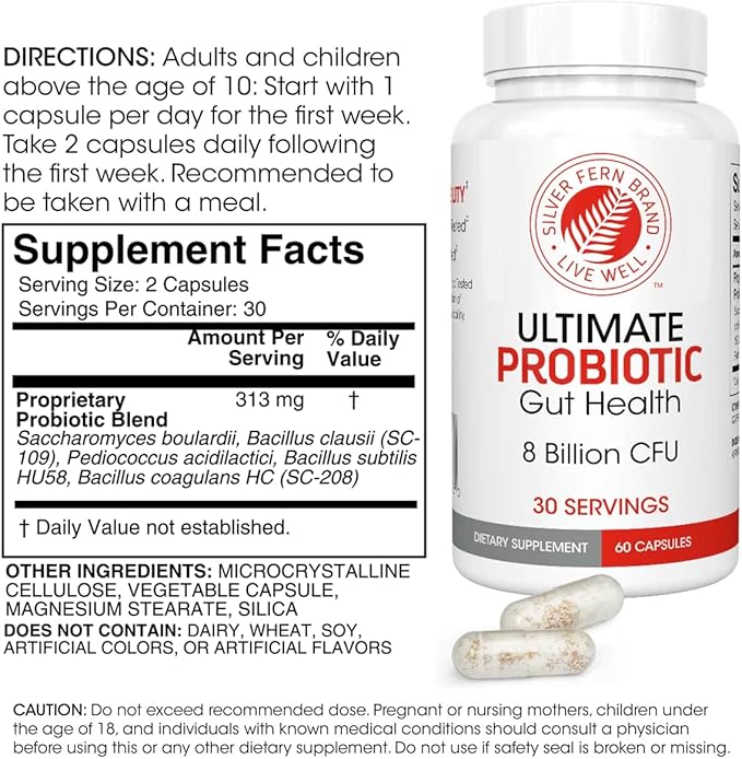 Silver Fern Brand Ultimate Probiotic 4-Pack – Probiotics for Women & Men – 8 Billion CFU Spore-Forming Gut Health Supplement – DNA Verified, Probiotic, Shelf-Stable, High Survivability – 240 Capsules