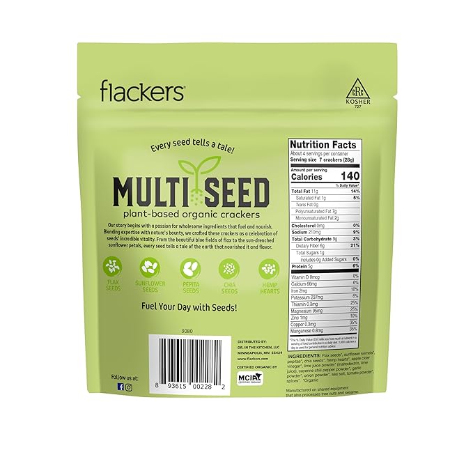 Flackers Organic Spicy Chili Lime Multi-Seed Crackers, 4 Ounce 1-Pack, Gluten Free, Non GMO, Vegan, Keto Snack, 8g Fiber, 3g Net Carbs