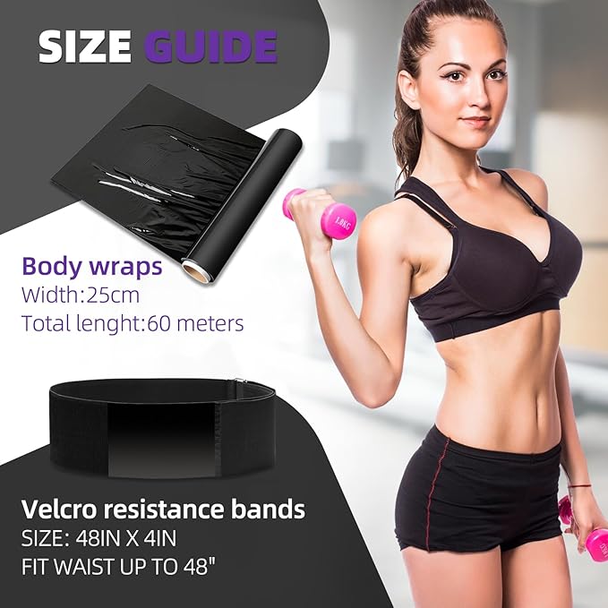 4 Rolls 60 Meters Black Osmotic Plastic Body Wrap Exercise & Fitness Sweat Enhancer Anti-Shedding Yoga Training Band Set, DIY Sauna Wrap Pilates Workout