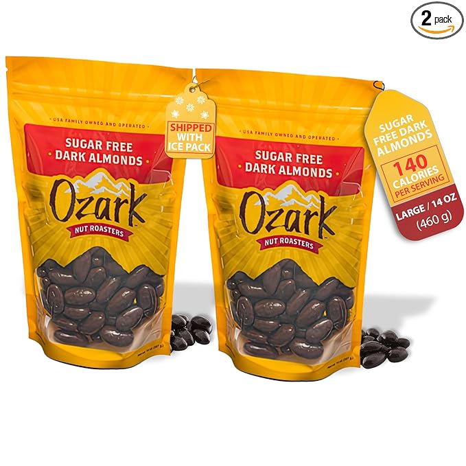 OZARK NUT ROASTERS, Sugar-Free Dark Almonds, Dark Chocolate Flavored Snacks, No Sugar Added, World-Class Gourmet Candied Nuts, Resealable Pack of 2 (14.0 oz)