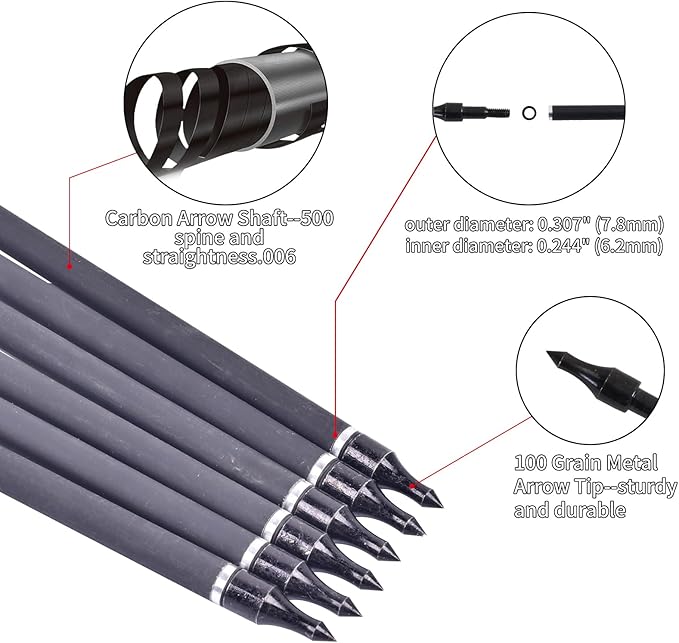 SOPOGER Archery Arrows for Compound Bow and Arrow Quiver Holder Tube, 31 Inch Arrows Practice Arrows for Recurve Bow 12 Packs, 500 Spine Hunting Arrows Carbon Fiber Target Arrow Accessories
