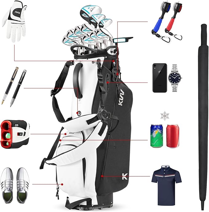 KVV Lightweight Golf Stand Bag with 7 Way Full-Length Dividers, 5 Zippered Pockets, Automatically Adjustable Dual Straps，Elegant Design