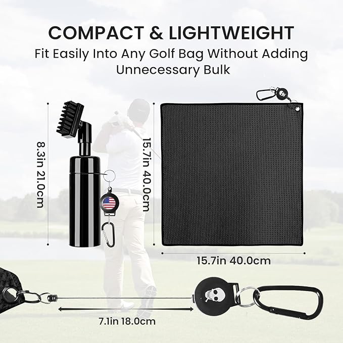 Golf Club Clean Brush Towel Value Set with Strong Magnetic Retractable Carabiner, Squeeze Water Bottle Microfiber Absorbent Towel for Golf Bags Accessory Iron Care Men Women