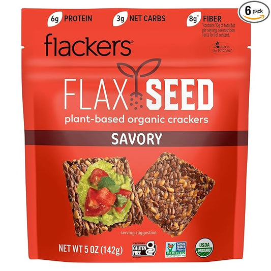 Flackers Organic Savory Flaxseed Crackers, 5 Ounce 6-Pack, Gluten Free, Non GMO, Vegan, Keto Snack, 8g Fiber, 3g Net Carbs