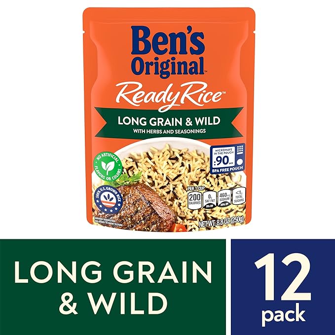 BEN'S ORIGINAL Ready Rice Long Grain and Wild Flavored Rice, Easy Dinner Side, 8.8 oz Pouch (Pack of 12)
