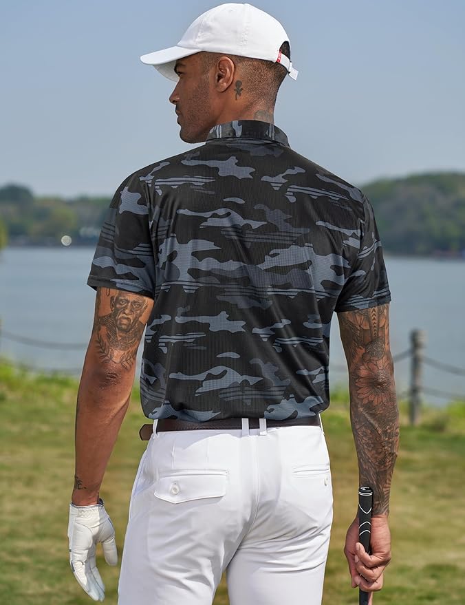 TAPULCO Mens Quick Dry Polo Shirts Camouflage Pattern Performance Athletic Lightweight Breathable Casual Golf Tshirts
