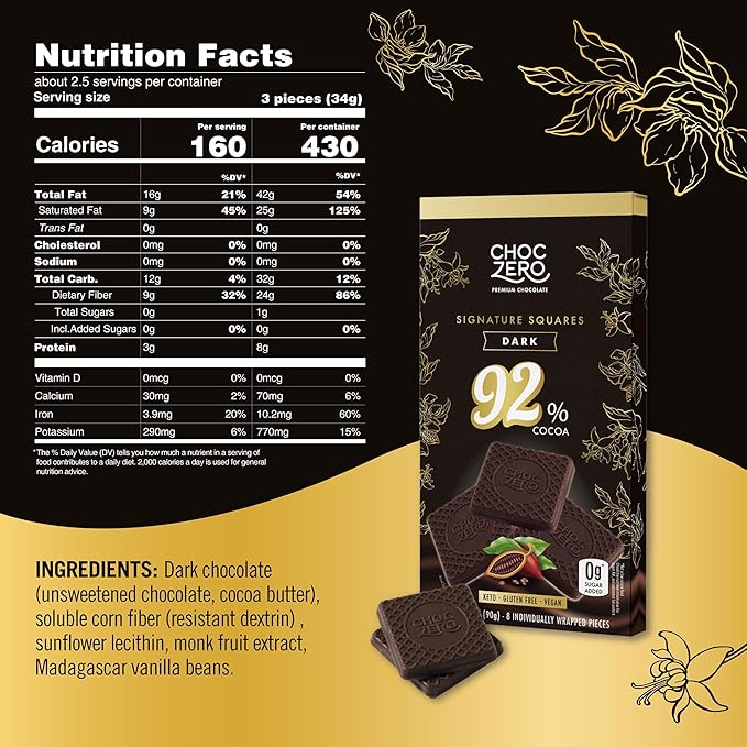 ChocZero 92% Cocoa Ultimate Dark Chocolate, Sugar Free, Low Carb, All Natural, Keto Friendly, 3.2 Ounce (Pack of 4)