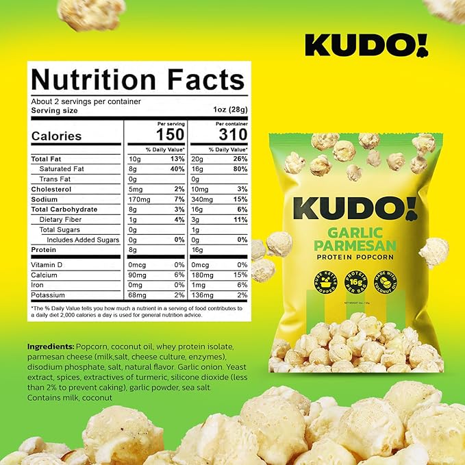 Kudo - Garlic Parmesan Kettle-Popped Protein Popcorn - Whole Grain, No Preservatives, No Artificial Flavors, Zero Trans Fat, Tasty Snack - 2oz