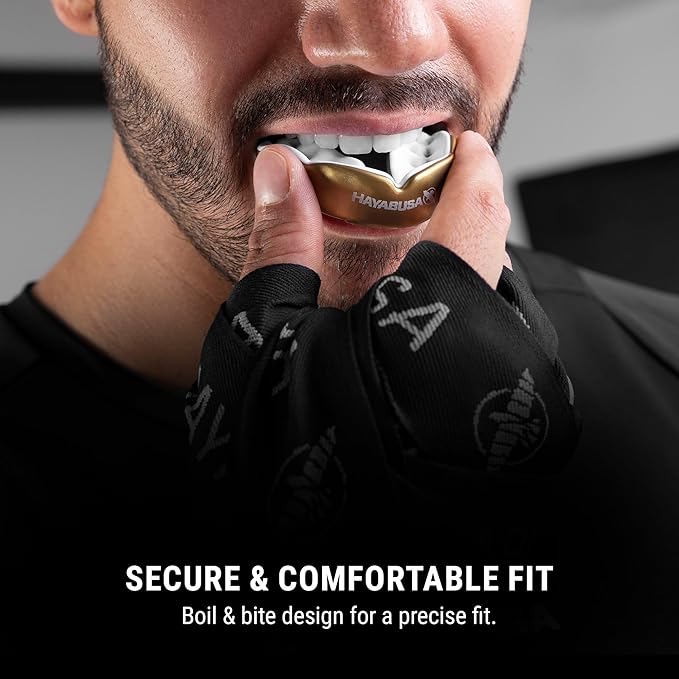 Hayabusa Combat Sports Mouth Guard Youth, Kids and Adult Sizes Comes with Case - Gold/White, Adult