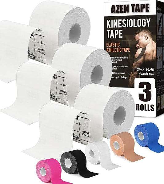 AZEN 3 Rolls Kinesiology Tape, 16.4 ft Waterproof Kinetic Tape for Joints Support and Muscle Pain Relief, Athletic Tape, Knee Tape, Uncut Muscle Tape - White