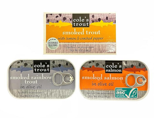 COLE'S Canned Seafood Variety Pack - Salmon, Rainbow Trout in Olive Oil & Trout with Lemon & Cracked Pepper | High in Protein Canned Fish- 3 Pack