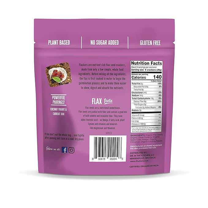 Flackers Organic Flax Seed Crackers Cinnamon & Currants, 5 Ounce 6-Pack, Gluten Free, Non GMO, Vegan, Naturally Sweet