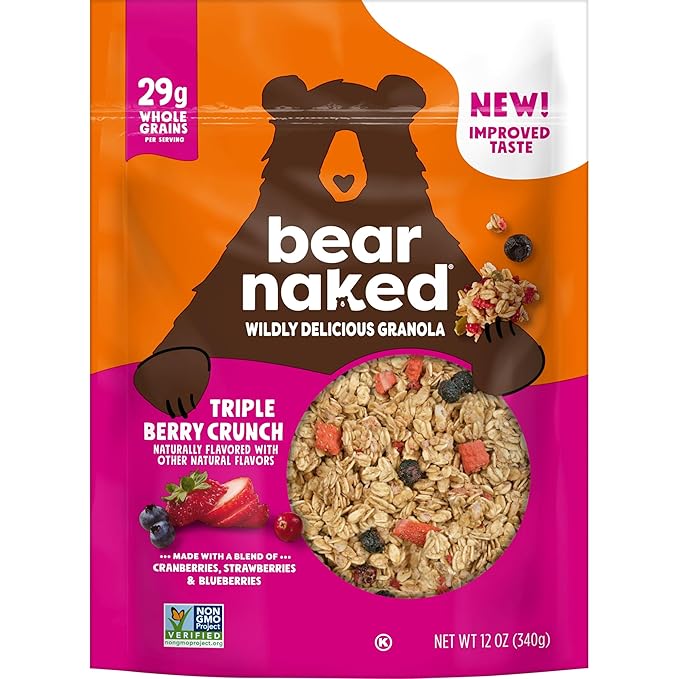 Bear Naked Granola Cereal, Vegan, Breakfast Snacks, Triple Berry Crunch (6 Bags)