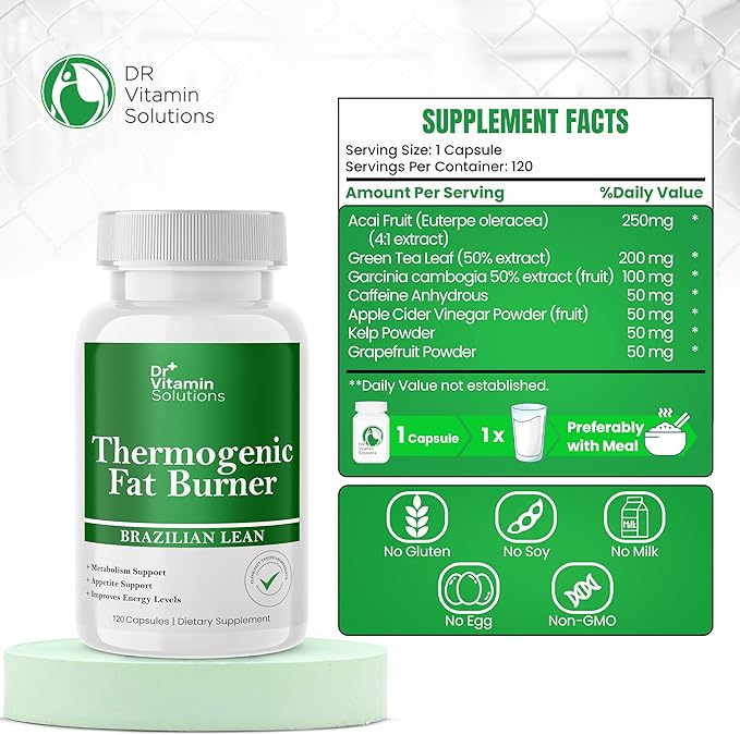 DR VITAMIN SOLUTIONS Thermogenic Fat Burner Brazilian Lean, Weight Loss Vitamins, Waist Trimmer & Supplements for Bloating (1 Bottle, 120 Capsules)
