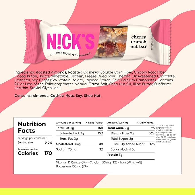 NICK’S Cherry Crunch Nut Bars – Cherry Chocolate Keto Snack with 2g Sugar & 5g Net Carbs – Low Carb, High Flavor Protein Snack – 12-Pack for Sports, Hiking & On-the-Go