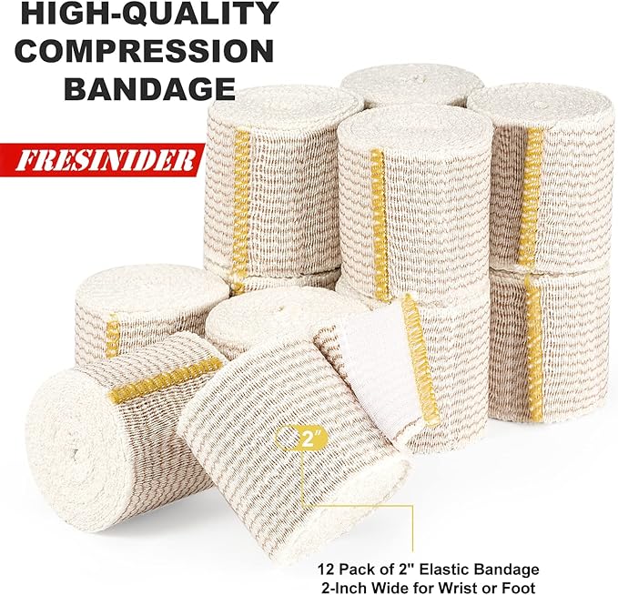 Premium Elastic Bandage Wrap, 12 Pack 2" Cotton Latex Free Compression Bandage Wrap with Touch Closure at Both Ends, Support & First Aid for Sports, Medical, and Injury Recovery