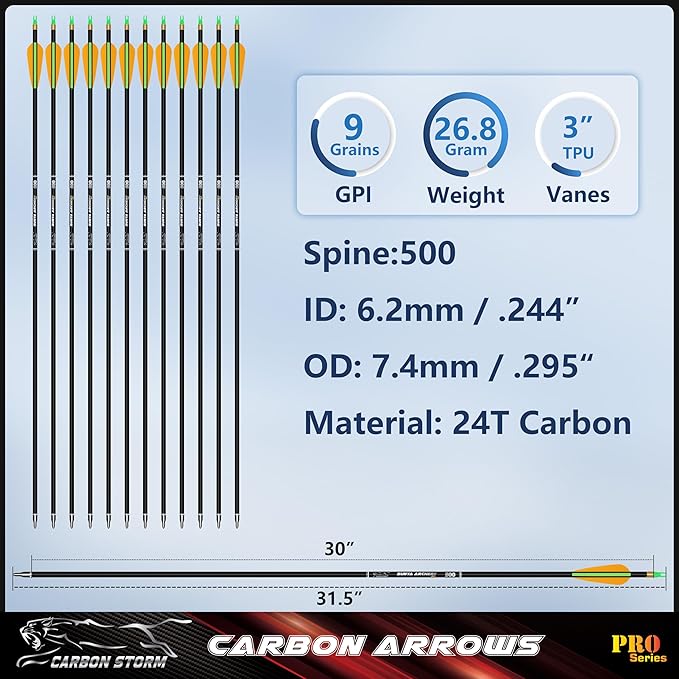 SUNYA 12-Pack 30 Inch Carbon Arrows Spine 500 or 400 for 40-60 LBS Bows｜Switch to Recurve/Compound Modes, Anti-Loose O-Ring & TPU Vanes for Hunting/Target Practice