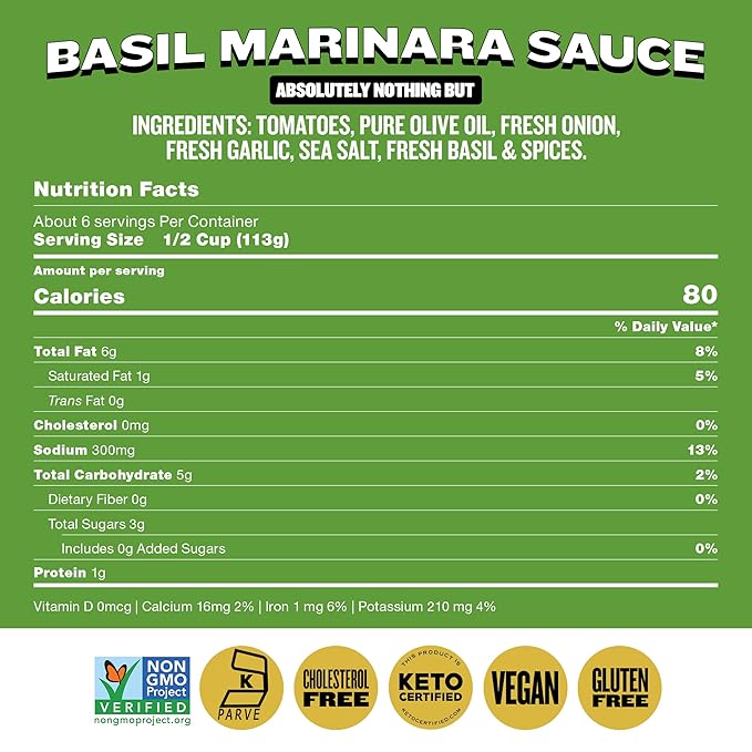 Hoboken Farms Basil Marinara Sauce – No Sugar Added, Low Sodium, Non-GMO, Preservative-Free, Low Carb, Keto – Better For You Pasta Sauce! (25 Fl Oz, Pack of 2)