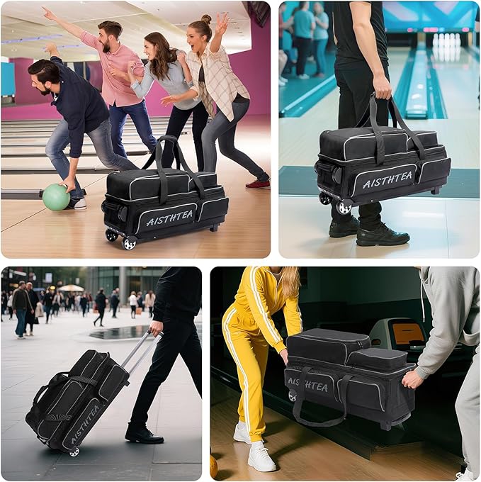 2-3 Ball Bowling Bag with Wheels, Rolling Trolley Bowling Bags with Large Separate Shoe Compartment and Oversized Accessory Pocket