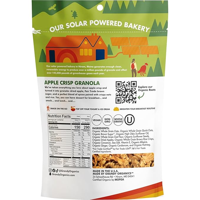 Grandy Organics Apple Crisp Granola, Certified Organic, Gluten Free, Non-GMO, Kosher, Plant Based Protein Granola, 12oz Each, Pack of 3