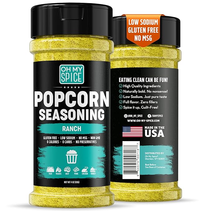 Popcorn Seasoning Ranch Seasoning Powder Mix - Gluten Free & Low Sodium Popcorn Flavoring Seasonings Ranch Powder Flavor. Healthy Movie Theater Dry Pop Corn Toppings. Pop Corn Salt Seasonings. 4oz