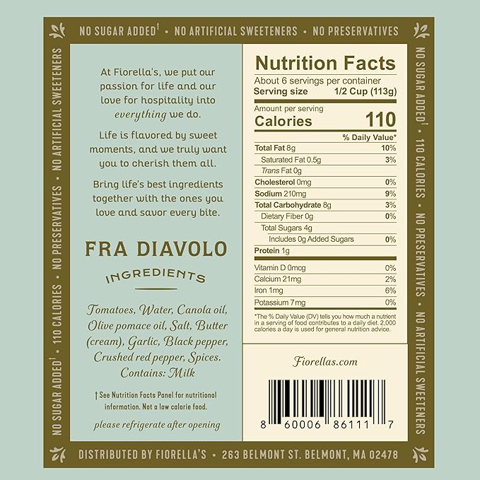 Fiorella's Fra Diavolo, Arrabbiata Sauce - Tomato Sauce Made with Fresh Ingredients - No Sugar Added, No Preservatives Added, No Artificial Sweeteners, Pasta Sauce, 25 Oz (Pack of 2)