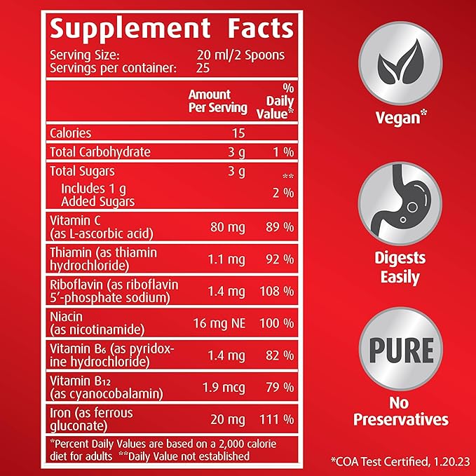 Hubner Iron Vital Liquid Iron Supply Plus Vitamin C, Dietary Supplement for Adults and Kids, Vegan and Gluten-Free, Fruit Flavor, 500 ml Bottle, 50 Servings