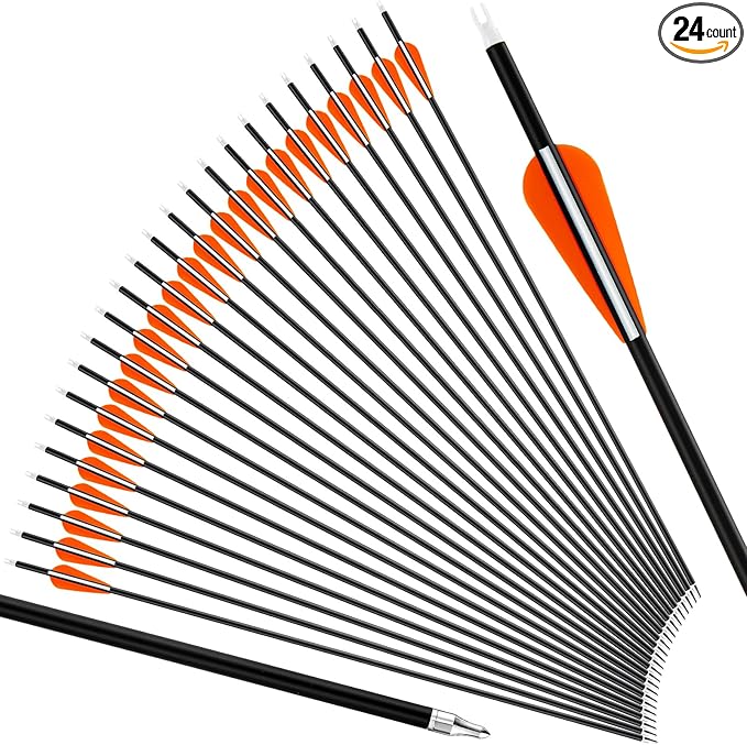 24 Pcs 31.5 Inch Arrows for Compound Bow Hunting Arrows Carbon Arrows with 3 Inch Plastic Arrow Feathers and Removable Tips 500-600 Spine Archery Target Arrows for Recurve Bow