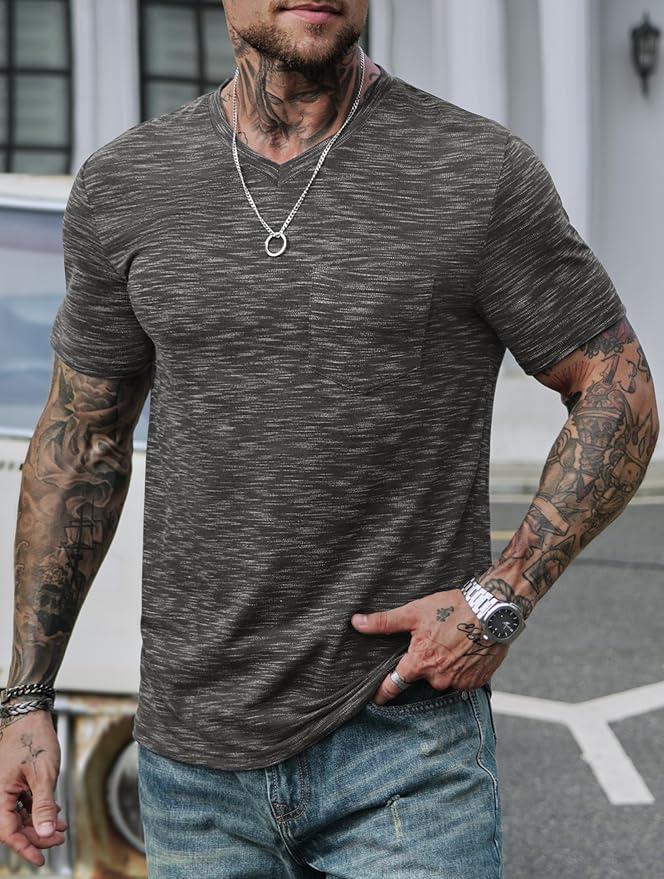 Men's V Neck T Shirts Casual Stylish Fitted Stretch Tee Shirt with Pocket (S-3XL)