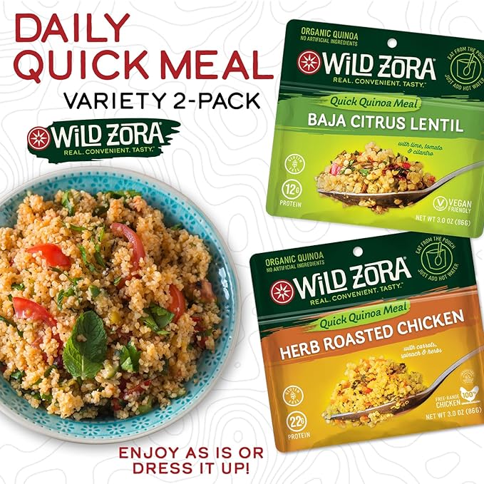 Wild Zora Instant Organic Quinoa Meals - Quick & Tasty Prepared Quinoa Bowls, Pantry Staples Gluten-Free Meal with Lentils Plus 10g Olive Oil Packet - Best Sellers Variety (2-Pack)