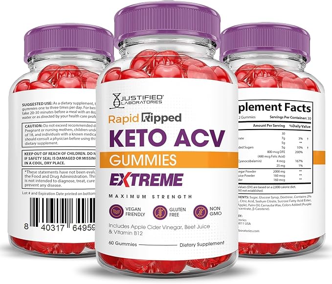 Justified Laboratories (3 Pack Rapid Ripped Keto ACV Gummies Extreme 2000MG Rapidripped Keto Gummies Apple Cider Vinegar Formulated with Pomegranate Beet Juice Powder B12 Vegan Non GMO 180 Gummys