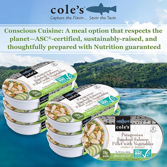 COLE’S - Patagonian Smoked Salmon Fillet with Vegetables| Ready to Eat Meal | 5.6 oz Canned & Hand-Packed | 19g Protein | High in Vitamin D | 6 Pack