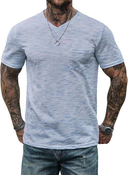 Men's V Neck T Shirts Casual Stylish Fitted Stretch Tee Shirt with Pocket (S-3XL)