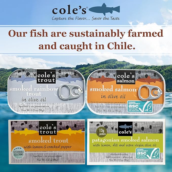 Cole's Patagonian Smoked Salmon & Rainbow Trout Sampler Pack, 3.2oz Cans | Hand-Packed in Extra Virgin Olive Oil & Spices | Canned Salmon & Trout 4 Pack