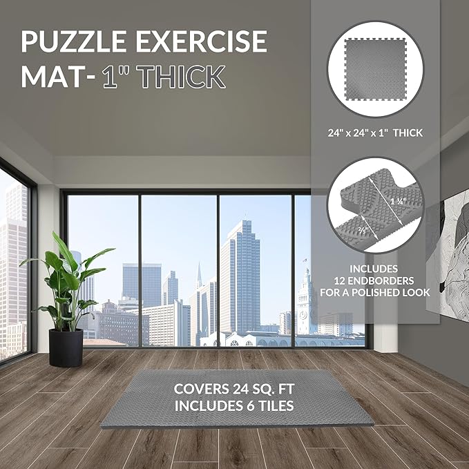 Puzzle Exercise Gym Flooring Mat, 1" Thick High-Density EVA Interlocking Tiles Workout Mat for Home Gym, Fitness Equipment, MMA, Gymnastics, 6-Piece Shock-Absorbing Exercise Mat (24 Sq Ft)