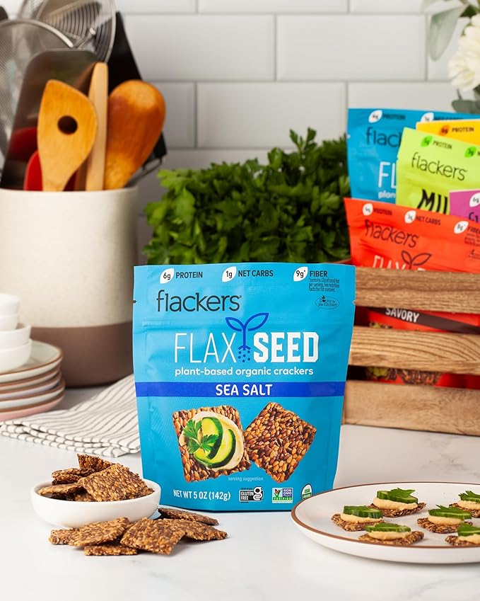 Flackers Organic Sea Salt Flaxseed Crackers, 5 Ounce 12-Pack, Gluten Free, Non GMO, Vegan, Keto Snack, 9g Fiber, 1g Net Carb