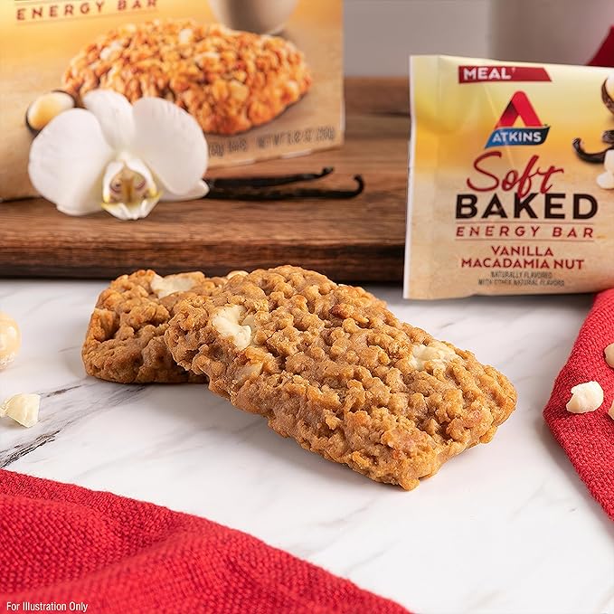 Atkins Vanilla Macadamia Nut Flavored Soft Baked Energy Bars, High in Protein, Low Sugar, High Fiber Snack, Protein Snack, 4 Packs (4 Bars Each)