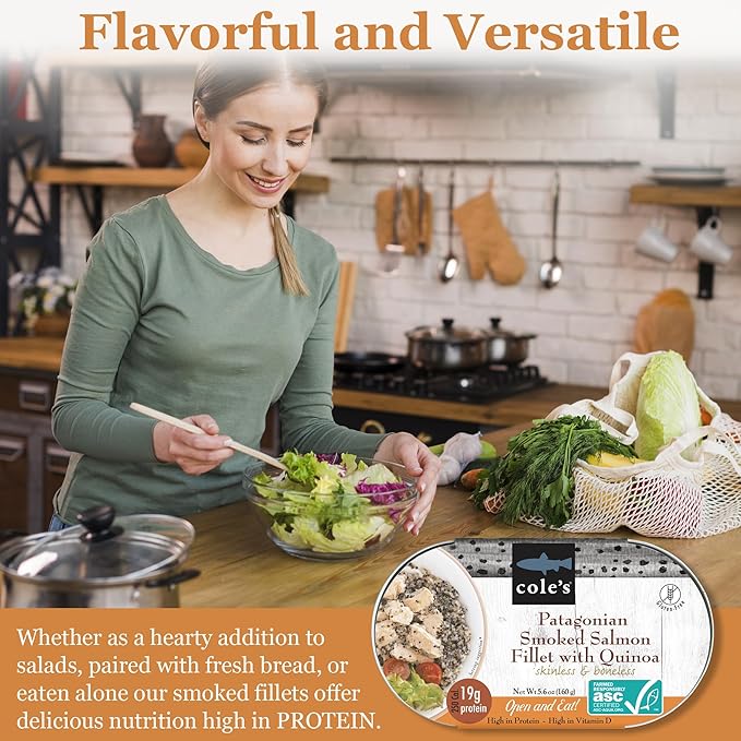 COLE’S - Patagonian Smoked Salmon Fillet with Quinoa| Ready to Eat Meal | 5.6 oz Hand-Packed Canned Fish | 19g Protein | High in Vitamin D | 12 pack