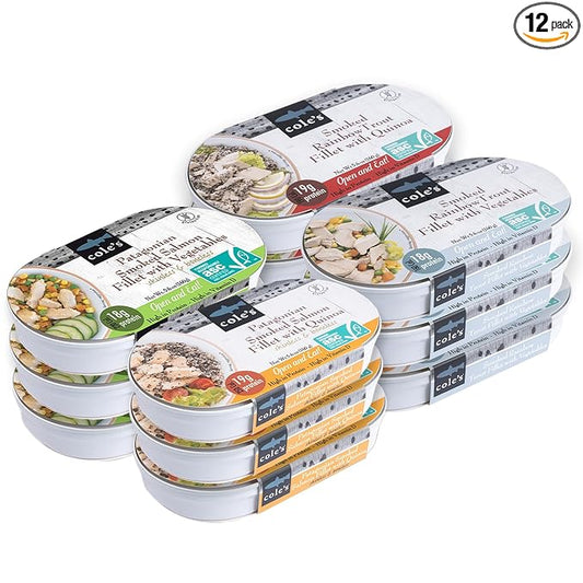 COLE’S Open & Eat Meals Variety Pack | 5.6 oz Hand-Packed Smoked Salmon & Trout with Quinoa & Vegetables | Ready to Eat Meals | High Protein - 12 pack