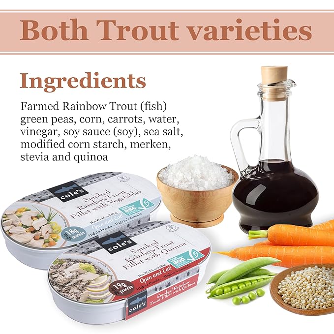 COLE’S Open & Eat Meals Variety Pack | 5.6 oz Hand-Packed Smoked Salmon & Trout with Quinoa & Vegetables | Ready to Eat Meals | High Protein - 24 pack