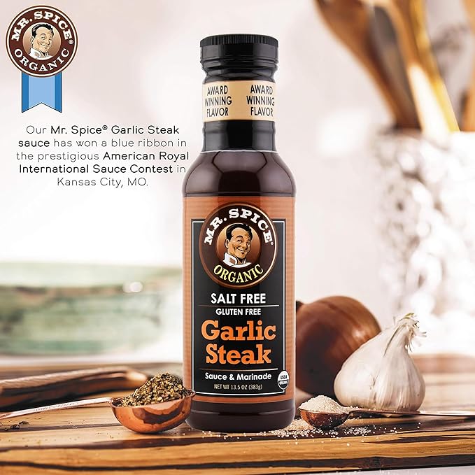 Mr. Spice Salt Free Award-Winning Taste Garlic Steak Sauce | Low Sodium | Organic | No Salt Steak Marinade | Gluten Free | Low Calorie Garlic Sauce | 13.5 Ounce (Pack of 1)