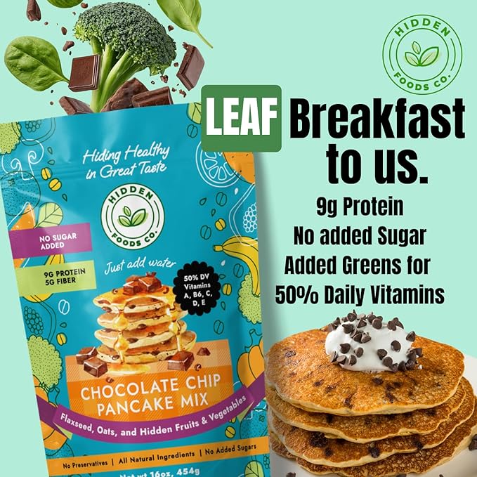 Hidden Foods Chocolate Pancake Mix with Monk Fruit – Chocolate Chip Pancakes Perfect Breakfast - Fiber and Protein Choco Pancake Mix with Wheat & Oat Flour Blend of Vegetables - Waffle Mix 6 Pack
